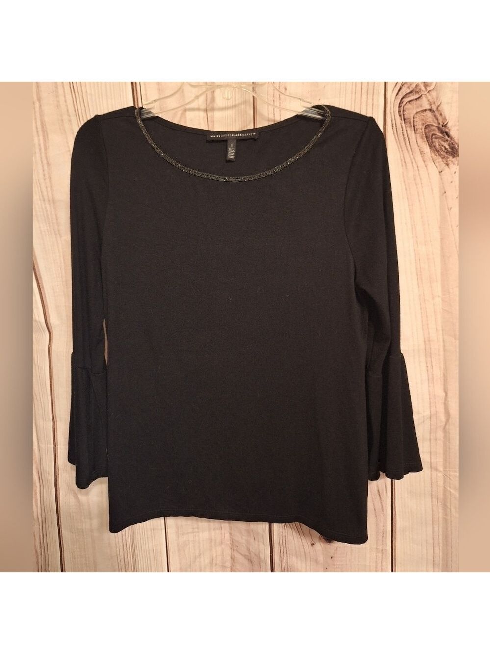 White House Black Market bell sleeve black sparkle beaded detail top Sz S